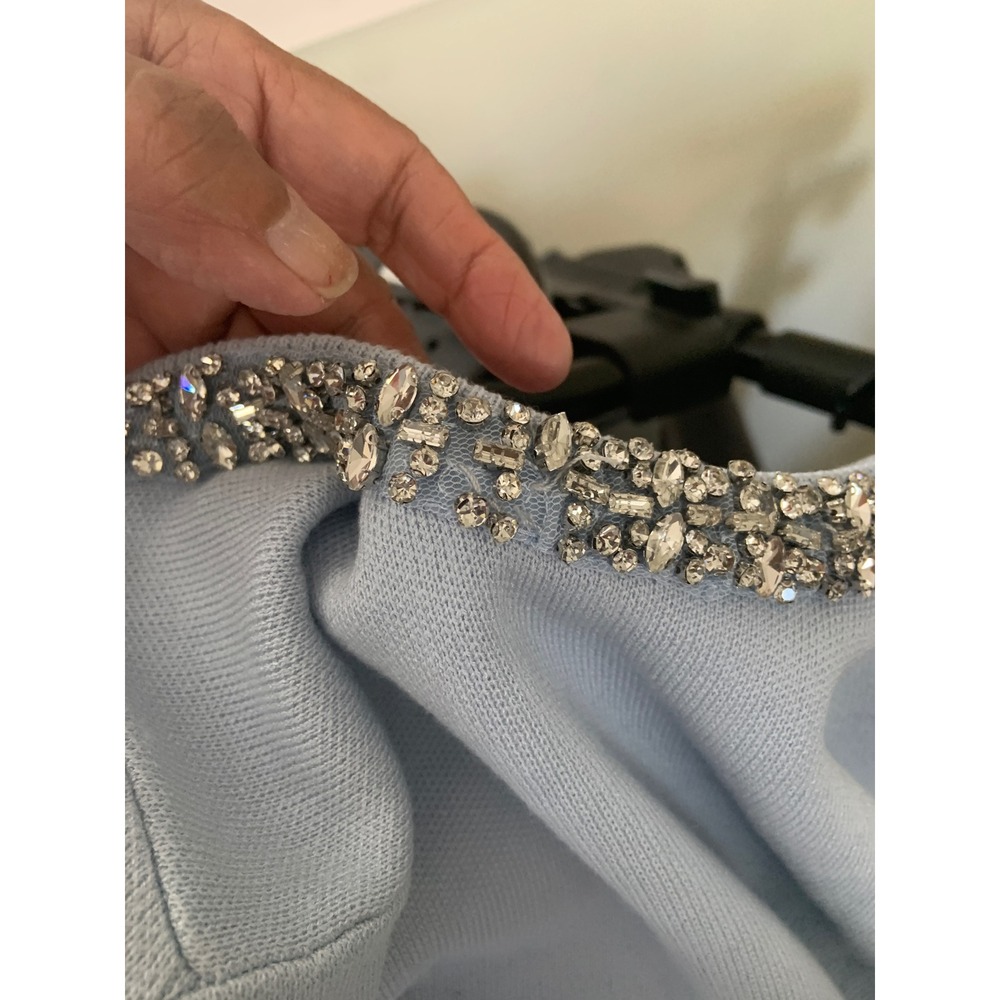 Zara Knit Top Womens Small Blue Excellent Jewel Embellished Keyhole Back - Picture 7 of 9